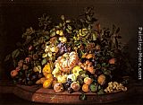 A Still Life of Fruit on a Marble Ledge by Leopold Zinnogger